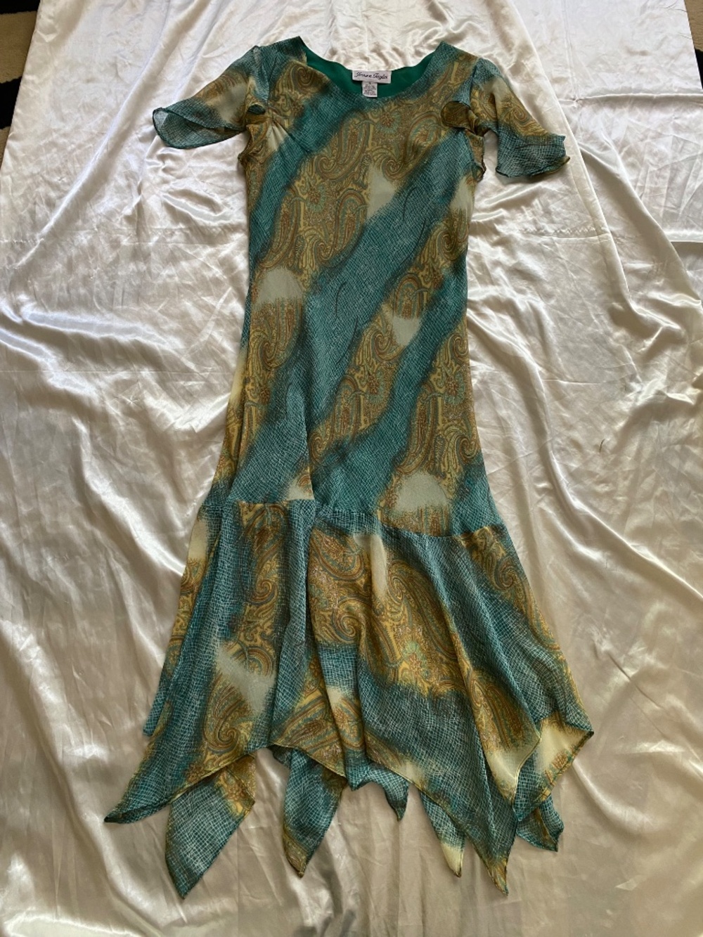 Vintage y2k Blue Green Paisley Bias Cut Asymmetrical Handkerchief Dress Small